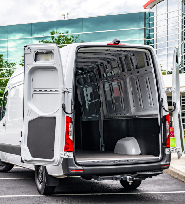 white cargo van with rear doors opened